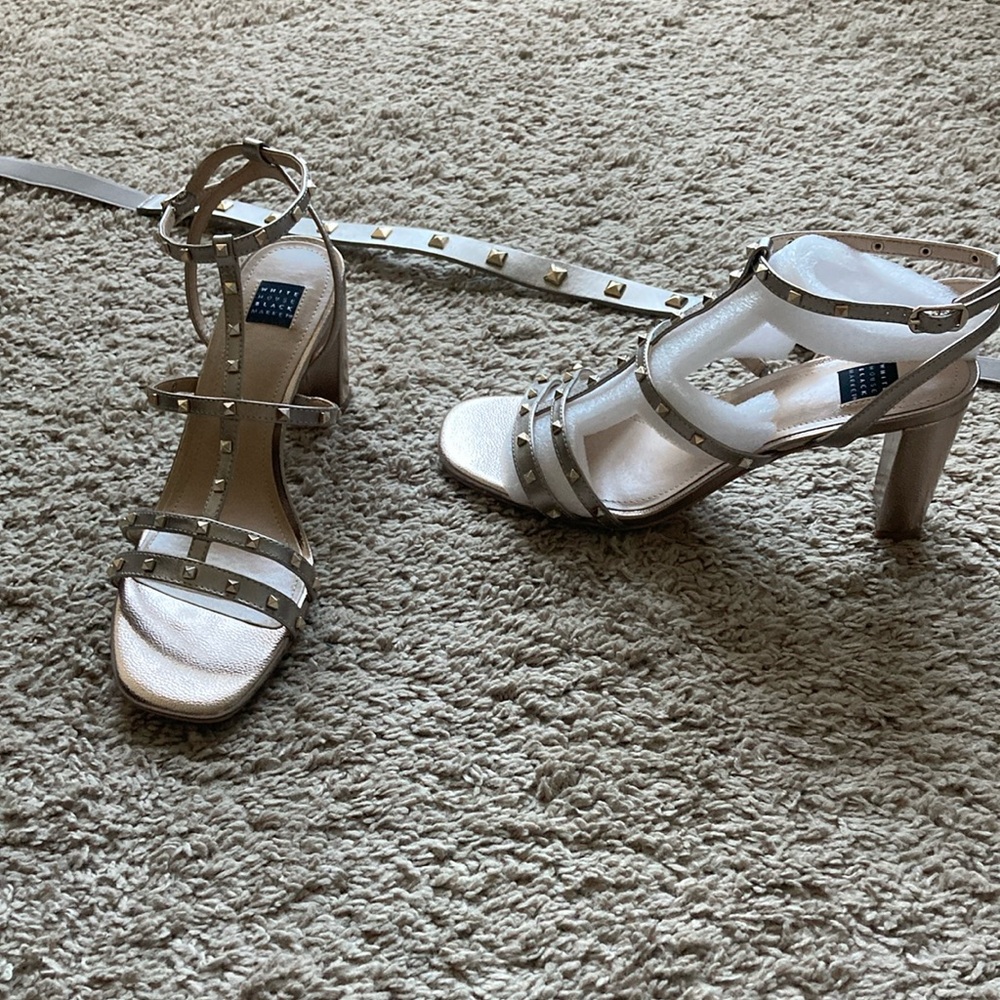 White House Black Market Brooklyn Strapped Stud heeled dress sandals.Silver/gold